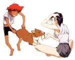  barefoot bike_shorts blush blush_stickers breasts cowboy_bebop dog edward_wong_hau_pepelu_tivrusky_iv ein_(cowboy_bebop) faye_valentine hairband purple_hair red_hair redhead reverse_trap scan short_hair sideboob smile tomboy 