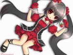  bow bowtie dress food frills fruit gloves gothic_lolita grey_hair hair_ribbon ichika kooh lolita_fashion long_hair lying on_back open_mouth outstretched_arms pangya red_eyes ribbon ribbons shoes spread_arms strawberry thigh_gap twintails very_long_hair 