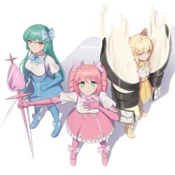  3girls absurdres aqua_hair blonde_hair blue_boots blue_dress blue_eyes boots bow dress elbow_gloves gloves green_eyes hair_bow hair_intakes hand_on_own_chest heart-shaped_gem highres holding holding_polearm holding_weapon linhcoris looking_at_viewer magia_azure magia_magenta magia_sulfur magical_girl mahou_shoujo_ni_akogarete multiple_girls pink_dress pink_eyes pink_hair polearm puffy_sleeves shadow simple_background smile twintails twitter_username weapon white_background yellow_bow yellow_dress 