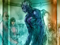 1girl 4boys colored_skin game_cg kawano_takuji lab_coat laboratory male_focus mishima_kazuya multiple_boys official_art purple_skin scar scar_on_arm scar_on_cheek scar_on_chest scar_on_face scientist solo_focus stasis_tank tekken tekken_4 topless_male water 