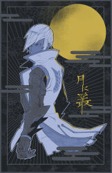  1boy armor border covered_mouth cropped_torso crtr_melco from_side gloves grey_background grey_border highres ishida_mitsunari_(sengoku_basara) japanese_armor jinbaori limited_palette looking_at_viewer looking_to_the_side male_focus sengoku_basara short_hair solo 