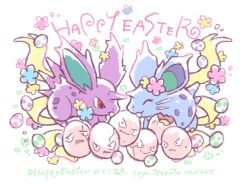  artist_name closed_eyes closed_mouth commentary_request crack egg english_text exeggcute flower happy_easter horns mixed-language_commentary nidoran nidoran_(female) nidoran_(male) no_humans open_mouth pokemon pokemon_(creature) pokemon_egg pokemon_focus red_eyes simple_background single_horn smile sweatdrop tooth tsuruta_saya v-shaped_eyes whiskers white_background 