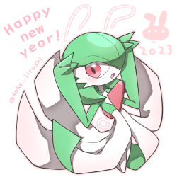  artist_name bad_id bad_pixiv_id bob_cut chinese_zodiac colored_skin dress gardevoir green_hair green_skin hair_over_one_eye happy_new_year highres looking_at_viewer muku_jirushi multicolored_skin open_mouth pink_eyes pokemon pokemon_(creature) smile two-tone_skin white_dress white_skin year_of_the_rabbit 