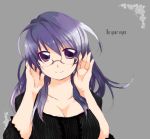  ahoge blue_hair breasts cleavage close-up english flower glasses large_breasts long_hair misaki_kozue purple_eyes smile solo star 