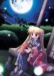  blonde_hair blue_eyes brown_hair fireflies hair_flowers japanese_clothes kimono lying mahou_shoujo_lyrical_nanoha moon sagami_inumaru sitting tabi takamachi_nanoha twintails yukata 