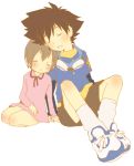  brother_and_sister brown_hair closed_eyes cute digimon digimon_adventure dress goggles kurot short_hair shorts siblings sleeping socks yagami_hikari yagami_taichi 