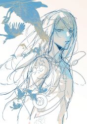  1boy absurdres bird blonde_hair facial_mark fate/grand_order fate_(series) head_chain highres jewelry long_hair looking_at_viewer male_focus medallion muted_color necklace simple_background solo sqloveraven tezcatlipoca_(fate) upper_body white_background 