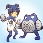  1girl blue_hair blush_stickers clenched_hands double_bun double_buns gloves hitec moemon open_mouth personification pokemon pokemon_(creature) pokemon_(game) pokemon_rgby poliwrath popped_collar simple_background standing thigh-highs thighhighs zettai_ryouiki 