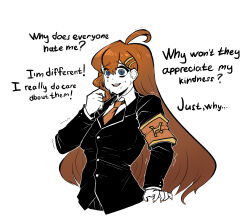  1girl ahoge armband black_jacket blue_eyes brown_hair collared_shirt el_elluci hair_ornament hairclip highres hod_(project_moon) jacket lobotomy_corporation long_hair long_sleeves looking_at_viewer necktie open_mouth orange_armband orange_necktie panicking project_moon shirt simple_background solo sweatdrop upper_body white_background white_shirt wide-eyed 