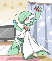  artist_name bob_cut colored_skin commentary_request curtains dress flower gardevoir green_hair green_skin hair_over_one_eye joy-con muku_jirushi multicolored_skin musical_note pink_eyes playing_games pokemon pokemon_(creature) television two-tone_skin white_dress white_skin 