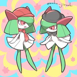  artist_name black_bow black_bowtie black_hat bow bowtie colored_skin green_hair green_skin hair_over_one_eye hat highres horns kirlia muku_jirushi multicolored_skin open_mouth pink_eyes pokemon pokemon_(creature) pokemon_cafe_remix red_hat sidelocks smile two-tone_skin white_skin 