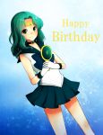  1girl birthday bishoujo_senshi_sailor_moon choker deep_aqua_mirror gloves green_eyes green_hair hand_mirror highres jewelry kaiou_michiru long_hair magical_girl mirror outer_senshi sailor_collar sailor_neptune sailor_senshi short_hair skirt smile tiara 