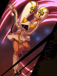  1girl animal_ears animal_hands animal_hood arms_up blazblue blonde_hair braid cat_ears cat_hood cat_paws cat_tail character_name dark-skinned_female dark_skin face_in_shadow falling hair_ribbon hood leg_warmers long_hair red_eyes ribbon sankuma sharp_teeth smile tail taokaka teeth twin_braids 