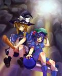  blue_hair broom broom_riding hat highres kawashiro_nitori kirisame_marisa long_hair missile ribbon ribbons short_hair touhou tsujigiri tujigiri 