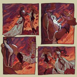  2girls aiguillette black_shorts black_socks commentary crown dark-skinned_female dark_skin dress english_commentary falling_petals flower highres himemiya_anthy holding_another's_wrist holding_hands human_scabbard jacket long_hair ma4l8zer multiple_girls petals pink_hair purple_hair red_flower red_petals red_rose rose shorts shoujo_kakumei_utena shoujo_kakumei_utena_adolescence_mokushiroku socks sword_of_dios tenjou_utena very_long_hair white_dress white_jacket white_wrist_cuffs wrist_cuffs 