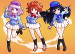  \m/ akashi_kaoru beret black_hair blue_eyes bow crossed_legs_(standing) ebi_tendon glasses hat kneehighs lavender_hair leg_lift long_hair multiple_girls nogami_aoi pointing purple_eyes red_eyes red_hair sannomiya_shiho school_uniform shoes short_hair skirt smile sneakers socks standing zettai_karen_children 