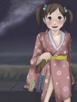  brown_eyes brown_hair hentai_oyaji japanese_clothes kimono night short_twintails star stars twintails 