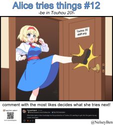  1girl alice_margatroid ascot blonde_hair blue_dress blue_eyes blush bnelsey boots breasts brown_boots capelet commentary door dress english_commentary english_text hairband kicking ko-fi_logo long_sleeves open_mouth qr_code red_ascot red_hairband red_sash request_inset sash screenshot_inset solo touhou twitter_username waist_sash web_address white_capelet 