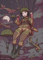  3girls aircraft airplane among_us bandolier belt black_hair blue_eyes bomber boots broken broken_wing clouds crash falling fenuier firing highres holding horizontal_stabilizer khaki_pants lace-up_boots landing_gear military military_vehicle moon multiple_girls original parachute parachute_lines parachute_risers parachute_toggles paratrooper propeller shot_down soldier spade_(shape) star_(sky) united_states united_states_army vertical_stabilizer weapon_case window wings world_war_ii 