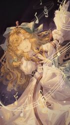  1girl :d absurdres aqua_bow aqua_eyes arm_belt arm_up bandaged_hand bandages beamed_eighth_notes belt black_background blonde_hair bow brown_belt dress hair_bow hand_on_own_chest highres juliet_sleeves leaning_to_the_side long_dress long_hair long_sleeves lorelei_(reverse:1999) music musical_note musical_staff open_mouth puffy_sleeves reverse:1999 singing sixteenth_note smile solo teeth treble_clef upper_body very_long_hair white_dress xy_mt2528 