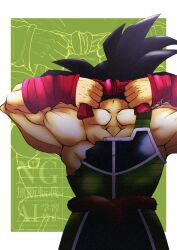  1boy armor bandana bardock black_hair border broken_armor cowboy_shot dragon_ball dragon_ball_z from_behind green_background highres male_focus medium_hair muscular muscular_male red_bandana saiyan_armor solo spiky_hair stktik09060906 watermark white_border zoom_layer 