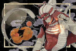  1boy armor bandaged_arm bandaged_hand bandaged_head bandages black_sclera clouds colored_sclera covered_mouth crtr_melco fireworks hand_up helmet holding holding_fireworks japanese_armor kabuto_(helmet) male_focus ootani_yoshitsugu_(sengoku_basara) sengoku_basara solo sparkler upper_body white_eyes 