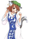  animal_ears bad_id breasts brown_eyes brown_hair cat_ears cat_tail chen cosplay earrings fang hat jewelry multiple_tails short_hair solo tail touhou uzura_(reimu) yakumo_ran yakumo_ran_(cosplay) 