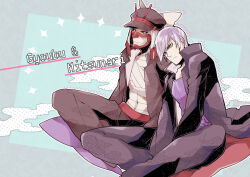  2boys bandaged_head bandaged_torso bandages black_sclera character_name colored_sclera covered_mouth covered_navel crtr_melco foot_out_of_frame frown gakuen_basara gakuran hat head_rest indian_style ishida_mitsunari_(sengoku_basara) jacket looking_ahead looking_at_another male_focus multiple_boys ootani_yoshitsugu_(sengoku_basara) open_clothes open_jacket purple_hair purple_shirt school_uniform sengoku_basara shirt short_hair sitting white_eyes 