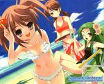  bikini brown_eyes brown_hair flower green_hair jpeg_artifacts kyon_no_imouto long_hair lounge_chair mori mori_sonou scan scan_artifacts serving_tray short_twintails suzumiya_haruhi_no_yuuutsu swimsuit tray tsuruya twintails very_long_hair wink yellow_eyes 