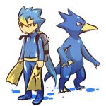  1boy blue_hair costume diving_suit flippers golduck hitec long_hair moemon multicolored_hair personification pokemon pokemon_(creature) pokemon_(game) pokemon_rgby ponytail red_eyes scuba standing swimsuit 