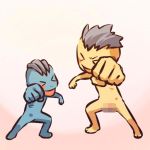  &gt;_&lt; 1boy blush_stickers censored grey_hair hitec machop male moemon nude open_mouth personification pokemon pokemon_(creature) pokemon_(game) pokemon_rgby punching silver_hair simple_background smile standing xd 