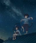  balancing barefoot cat_ears cat_tail japanese_clothes kimono luna2 night rooftop runatsu sky standing_on_one_leg star star_(sky) starry_sky stars tail tanabata 