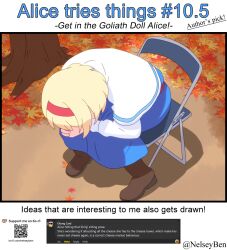 1girl alice_margatroid autumn_leaves blonde_hair blue_dress bnelsey boots brown_boots chair commentary dress english_commentary english_text folding_chair hairband ko-fi_logo leaf long_sleeves maple_leaf meme neon_genesis_evangelion on_chair outdoors parody qr_code red_hairband request_inset screenshot_inset shinji_in_a_chair_(meme) sitting solo touhou twitter_username web_address 