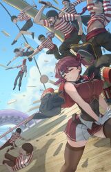  1other 2girls 6+boys ascot bandana bicorne black_bandana black_coat black_hat blue_sky breasts brooch brown_pants brown_thighhighs buttons closed_eyes clouds coat covered_navel eyepatch falling gloves gun hair_ribbon hands_on_own_legs hat highres holding holding_gun holding_sword holding_weapon hololive houshou_marine houshou_marine_(1st_costume) ichimi_(houshou_marine) jewelry large_breasts leotard looking_at_another midair miniskirt multiple_boys multiple_girls ocean outdoors pants pirate_hat pleated_skirt posing puckered_lips red_ascot red_hair red_ribbon red_sash red_shirt red_skirt ribbon sash see-through_clothes see-through_leotard ship shirt skirt sky sleeveless sleeveless_shirt striped_clothes striped_shirt sword tentacles thigh-highs twintails two-tone_shirt virtual_youtuber watercraft weapon white_gloves white_shirt zote_illust 