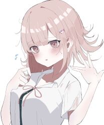  1girl blush breasts brown_hair collared_shirt danganronpa_(series) danganronpa_2:_goodbye_despair flipped_hair galaga hair_ornament highres large_breasts looking_at_viewer medium_hair nanami_chiaki neck_ribbon phare_(spring_ha1ru) pink_eyes pink_ribbon ribbon shirt smile solo spaceship_hair_ornament two-tone_shirt white_shirt 