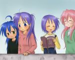  blue_hair book casual closed_eyes glasses green_eyes hiiragi_kagami hiiragi_tsukasa hoodie izumi_konata lucky_star magazine pink_hair purple_hair raglan_sleeves sweater takara_miyuki 