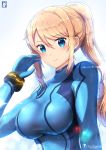  1girl artist_name blonde_hair blue_bodysuit blue_eyes blush bodysuit breasts chinchongcha closed_mouth eyebrows_visible_through_hair hair_between_eyes high_ponytail highres long_hair looking_at_viewer medium_breasts metroid samus_aran shiny shiny_clothes simple_background smile solo upper_body white_background zero_suit 