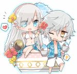  /\/\/\ 1boy 1girl anastasia_(fate/grand_order) bikini bikini_top blue_eyes blush collarbone cup doll eyes_visible_through_hair fate/grand_order fate_(series) flower hair_flower hair_ornament hair_over_one_eye hairband hawaiian_shirt hibiscus kadoc_zemlupus long_hair male_swimwear navel one_eye_closed open_mouth shaved_ice shio_kuzumochi shirt shorts silver_hair sitting sweatdrop swim_trunks swimsuit swimwear towel utensil very_long_hair white_background white_bikini white_swimsuit wristband yellow_eyes 