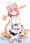  1girl absurdres ahoge animal_ear_fluff animal_ears bangs bike_shorts black_choker black_shorts boots cat_ears choker collarbone controller crossed_ankles game_controller hair_bobbles hair_ornament highres hinata_channel indian_style loose_clothes low_twintails mismatched_legwear nekomiya_hinata open_mouth orange_legwear pink_hair shorts simple_background sitting solo striped striped_legwear tank_top thigh-highs twintails vest virtual_youtuber white_footwear white_tank_top white_vest yuzuki_kei zipper_pull_tab 