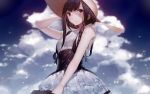  1girl atha_(leejuiping) bangs black_hair blunt_bangs blurry blurry_background braid brown_eyes clouds day dress eyebrows_visible_through_hair frilled_dress frills hair_ornament hairclip hand_on_headwear hat highres long_hair original outdoors sleeveless sleeveless_dress smile sun_hat upper_body 