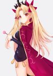  1girl absurdres bangs blonde_hair breasts cape commentary_request earrings ereshkigal_(fate/grand_order) eyebrows_visible_through_hair fate/grand_order fate_(series) from_side hair_ornament hair_ribbon highres jewelry long_hair looking_at_viewer parted_bangs red_cape red_eyes ribbon simple_background solo tiara tming two_side_up white_background 