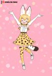 1girl animal_ears armpits arms_up bare_shoulders blonde_hair boots bush closed_eyes elbow_gloves eyebrows_visible_through_hair gloves highres kemono_friends open_hands open_mouth patreon_username serval_(kemono_friends) serval_ears serval_print short_hair skirt sleeveless smile solo tail takeshi~ thigh-highs 