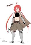  1girl ahoge anger_vein character_name full_body greaves hammer highres looking_at_viewer luke_(dydansgur) midriff navel original redhead sanpaku sharp_teeth simple_background solo teeth twintails vambraces white_background yellow_eyes 