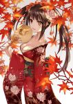  1girl alternate_costume animal_print asle autumn_leaves black_hair breasts cat_print collarbone commentary_request date_a_live flower from_side hair_flower hair_ornament holding japanese_clothes kimono large_breasts leaf long_hair long_sleeves red_eyes red_kimono smile solo tokisaki_kurumi translated twintails wide_sleeves yellow_eyes 