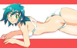  1girl allenby_beardsley blue_hair breasts closed_mouth commentary_request g_gundam graphite_(medium) green_eyes gundam looking_at_viewer millipen_(medium) onnaski short_hair smile solo swimsuit traditional_media 