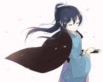  1girl bangs blue_hair blue_kimono closed_eyes closed_mouth commentary_request hair_between_eyes holding holding_sword holding_weapon japanese_clothes katana kimono long_hair long_sleeves love_live! love_live!_school_idol_project petals ponytail sheath simple_background solo sonoda_umi standing sword totoki86 weapon white_background 