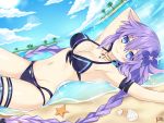  1girl bikini blue_eyes blush braid breasts clam_shell flower hair_flower hair_ornament jewelry lewdkuma looking_at_viewer lying medium_breasts necklace neptune_(series) on_back palm_tree power_symbol purple_hair purple_heart sky smile solo starfish swimsuit symbol-shaped_pupils thigh_strap tree twin_braids water wet 