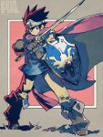  1boy black_hair brown_eyes brown_hair cape circlet dragon_quest dragon_quest_iii elbow_gloves fujimoto_hideaki gloves helmet looking_at_viewer mitre roto shield short_hair simple_background smile solo sword weapon winged_helmet 