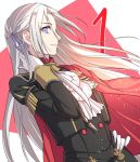 1girl blonde_hair blue_eyes cape cravat edelgard_von_hresvelgr_(fire_emblem) fire_emblem fire_emblem:_three_houses gloves hair_ornament hair_ribbon long_hair looking_at_viewer pantyhose red_cape ribbon shinkanoshin simple_background smile solo uniform white_background 