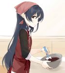  1girl apron bangs blue_hair blush bowl commentary_request cooking food from_side hair_between_eyes holding long_hair long_sleeves looking_at_viewer love_live! love_live!_school_idol_festival love_live!_school_idol_project parted_lips simple_background sleeves_rolled_up solo sonoda_umi totoki86 yellow_eyes 